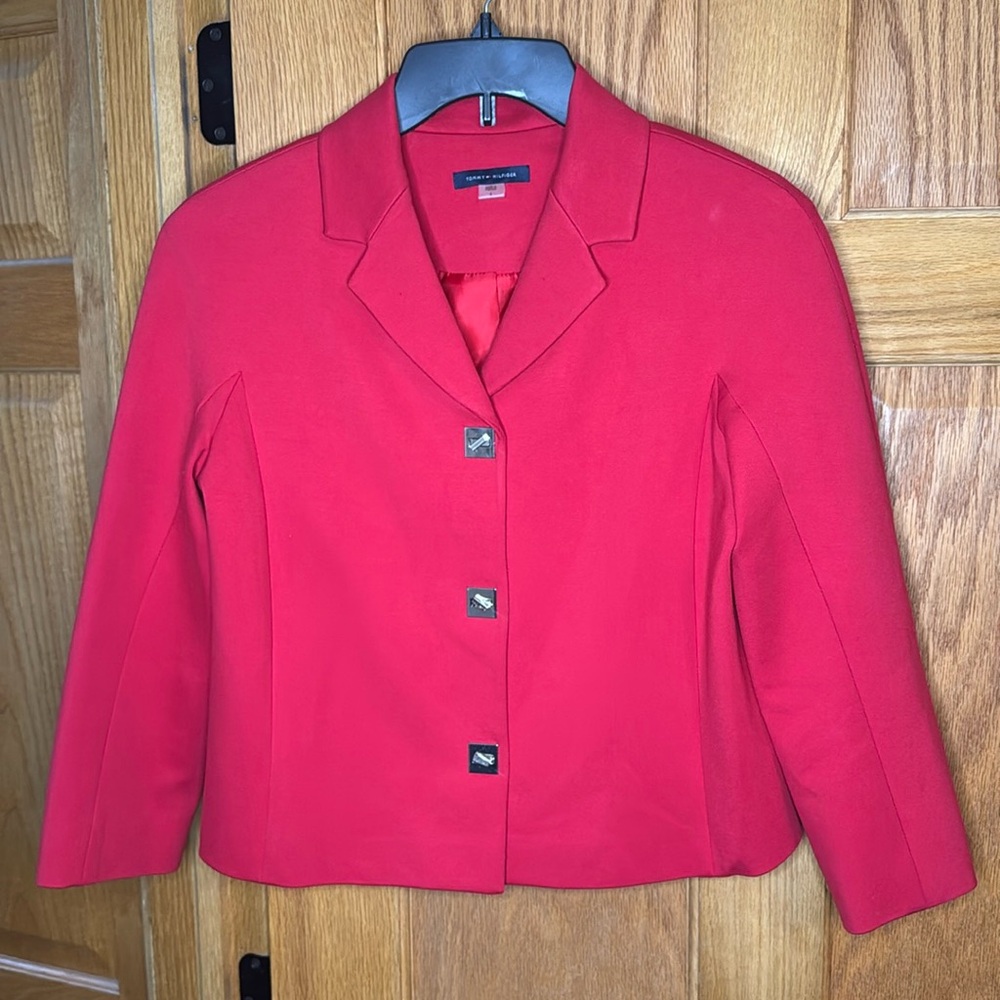 Tommy Hilfiger Blazer Women Red Gold Rotating Lock Closure Fully Lined Jacket, 6